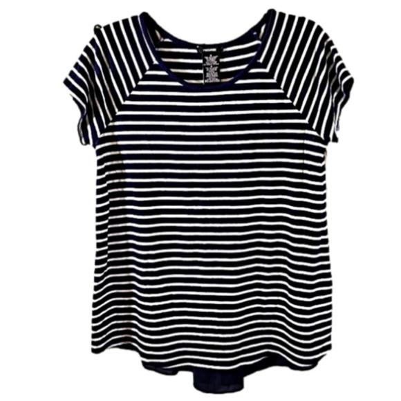 Premise M Navy/White Striped Short Sleeve Chiffon Inverted Pleat Blouse - Picture 1 of 5